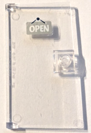 Lego Door 1 x 4 x 6 with Stud Handle with Silver 'OPEN' Sign Pattern (Sticker) - Set 41427