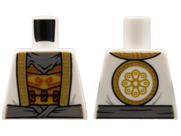 Lego Torso Robe with Gold Hem, Dark Bluish Gray Bandana and Sash, Armor with Dark Orange Trim Pattern / White