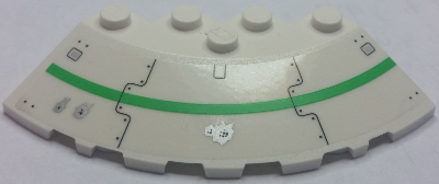 Lego Brick, Round Corner 6 x 6 with Slope 33 Edge, Facet Cutout with Bright Green Stripe, Vent Grilles and Bullet Holes Pattern Model Right Side (Sticker) - Set 70704 / White