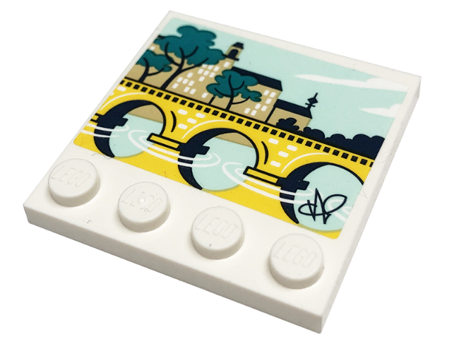 Lego Tile, Modified 4 x 4 with Studs on Edge with Painting of Light Aqua River, Yellow Bridge, Tan Building, and Trees Pattern (Sticker) - Set 41711 / White