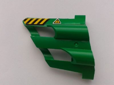 Lego Technic, Panel Fairing # 2 Large Short, Large Holes, Side B with Black and Yellow Danger Stripes and Triangle with Exclamation Mark Pattern (Sticker) - Set 8446 / Green