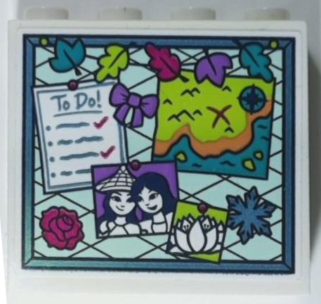 Lego Brick 1 x 4 x 3 with Bulletin Board / Pinboard with 'To Do' List, Map, Rose, Leaves, Photos and Snowflake Pattern (Sticker) - Set 43215 / White