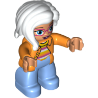 Lego Duplo Figure with Long Hair Section in Front, with Orange Jacket over Striped Top Print, and Medium Blue Legs / Orange
