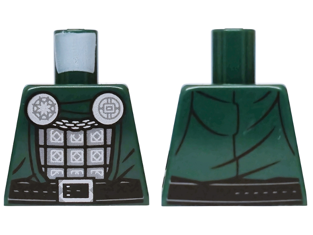 Lego Torso Robe with Dark Brown Belt, Silver and Dark Silver Buckle, Armor, Chain and Clasps Pattern / Dark Green