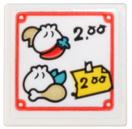 Lego Road Sign 2 x 2 Square with Open O Clip with Menu with Baozi Dumplings, Chili Pepper, Chicken Leg, '2.00' and Red Border Pattern (Sticker) - Set 80036