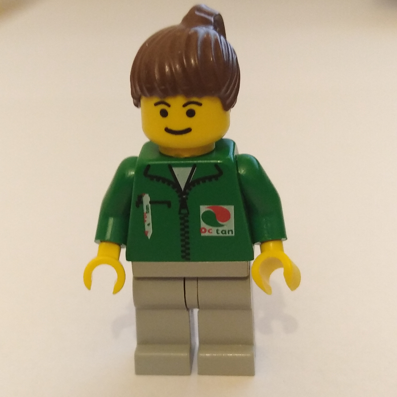 Lego Green Torso, Light Grey Legs, Brown Ponytail Hair