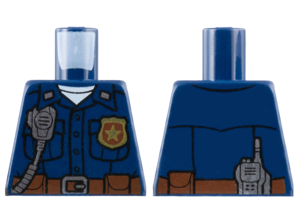 Lego Torso Police Uniform with Gold Badge over White Shirt, Silver Radio, Reddish Brown Belt with Buckle and Pouches Pattern / Dark Blue