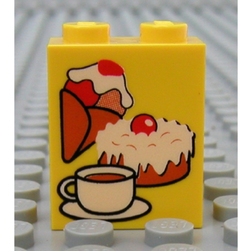 Lego Brick 1 x 2 x 2 with Ice Cream, Cake and Coffee Print / Yellow
