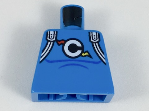 Lego Torso Shirt with White Shoulder Straps, 'C' with Red and Yellow Lightning Pattern / Dark Azure
