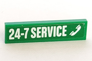 Lego Tile 1 x 4 with White '24-7 SERVICE' and Phone Receiver Pattern (Sticker) - Set 60081 / Green
