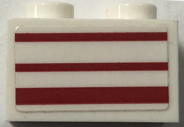 Lego Brick 1 x 2 with 3 Red Stripes Pattern on Both Sides (Stickers) - Set 76217 / White