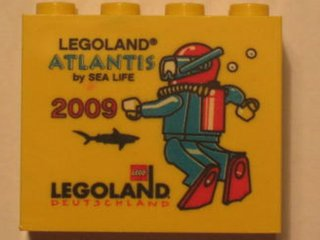 Lego Brick 2 x 4 x 3 with Legoland Deutschland Atlantis by Sea Life 2009 Pattern / Yellow