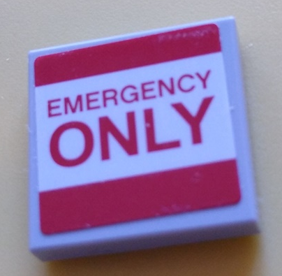 Lego Tile 2 x 2 with Red 'EMERGENCY ONLY' and Stripes on White Background Pattern (Sticker) - Set 60204 / Light Bluish Gray