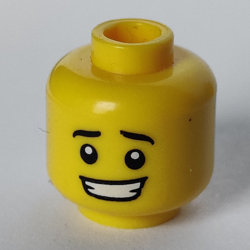 Lego Minifig Head Hot Dog Man, Eyebrows, White Pupils, Crooked Open Smile with Teeth Print / Yellow