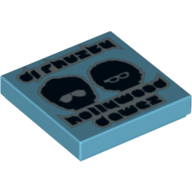 Lego Tile 2 x 2 with 'dj rhuzky', 'hollywood dawez' and Black Heads with Glasses Print / Medium Azure