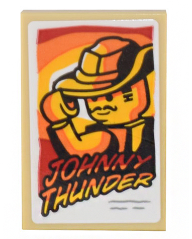 Lego Tile 2 x 3 with Red, Orange and Yellow Movie Poster Minifigure Tipping Hat and 'JOHNNY THUNDER' Pattern (Sticker) - Set 10306
