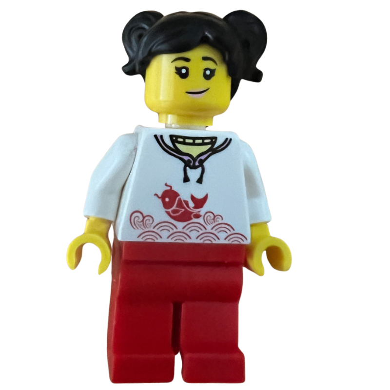 Lego Woman, White Torso with Koi, Red Legs, Black Hair