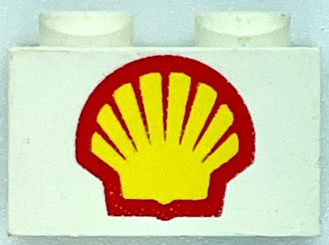 Lego Brick 1 x 2 with Large Shell Logo Pattern - Surface Print / White
