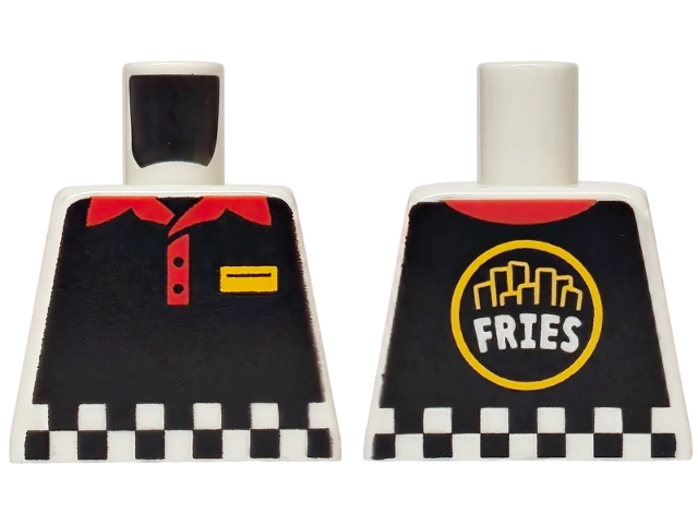 Lego Torso Black Vest with Checkered Hem, Red Collar, Bright Light Orange Name Badge, 'FRIES' on Back Pattern / White