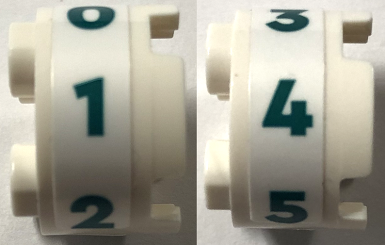 Lego Brick, Round 2 x 2 with Axle Hole with Dark Turquoise Numbers 0, 1, 2, 3, 4 and 5 Pattern Model Right Side (Stickers) - Set 41744