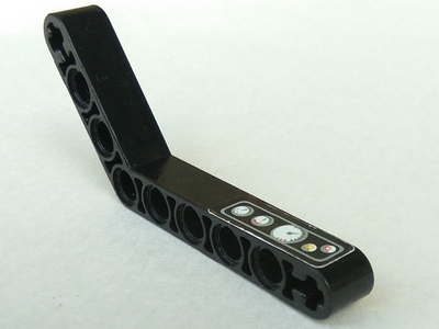 Lego Technic, Liftarm, Modified Bent Thick 1 x 9 (6 - 4) with Light Gray Border, Buttons and Gauges Pattern (Sticker) - Set 8226 / Black