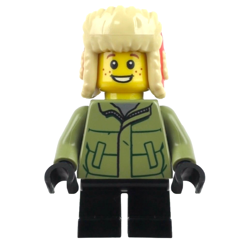 Lego Boy, Olive Green Jacket, Black Legs, Red Ushanka Hat