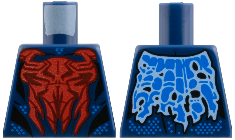 Lego Torso Spider-Man Costume Large Red and Dark Red Spider, Black Muscles Outline, Blue Dots and Tattered Cape on Back Pattern / Dark Blue