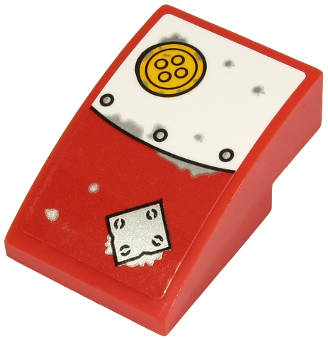Lego Slope, Curved 3 x 2 with White and Patched Red Metal Plate and Yellow Button Pattern (Sticker) - Set 70432 / Red