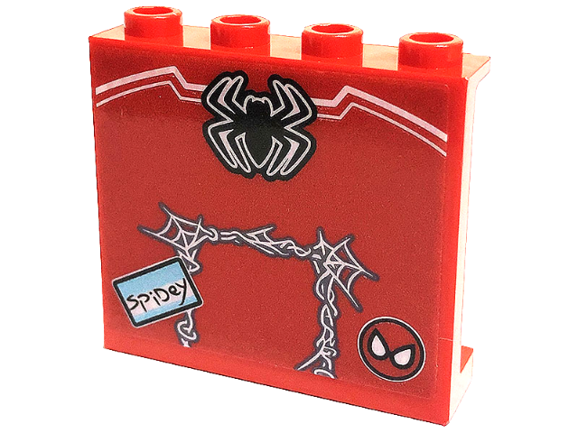 Lego Panel 1 x 4 x 3 with Side Supports - Hollow Studs with Spider-Man Logo, Mask, 'SpiDey' and Spider Web Pattern (Sticker) - Set 76175 / Red