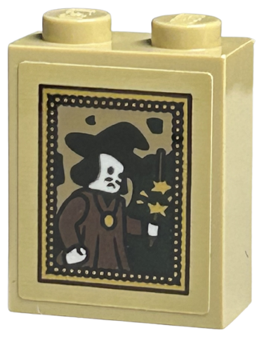 Lego Brick 1 x 2 x 2 with Inside Stud Holder with Picture of Wizard with Medallion, Wand and Stars in Gold Frame Pattern (Sticker) - Set 40577