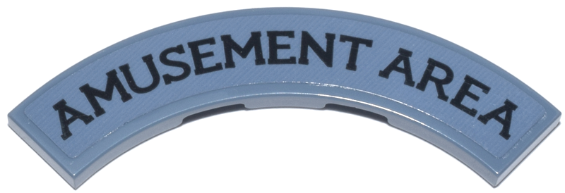 Lego Tile, Round Corner 4 x 4 Macaroni with Black 'AMUSEMENT AREA' Pattern (Sticker) - Set 76271 / Sand Blue