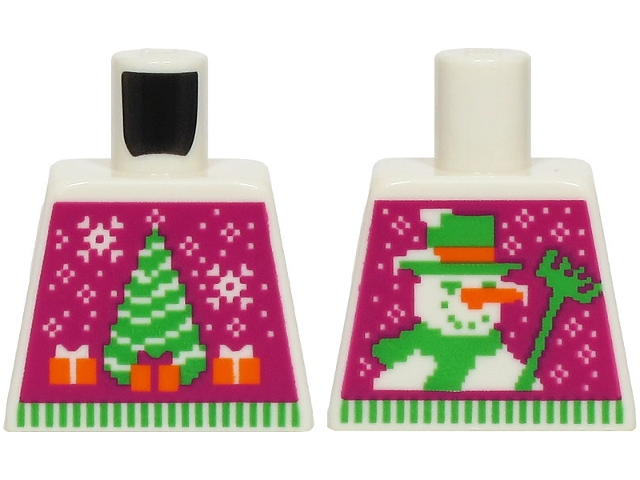 Lego Torso Magenta Knit Fair Isle Holiday Sweater with Bright Green Christmas Tree, Orange Presents, Snowman on Back Pattern (BAM) / White