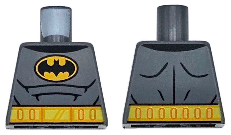 Lego Torso Super Hero Costume with Batman Logo and Black Collar, Yellow and Bright Light Orange Belt with Orange Ovals, Muscles Outline Pattern / Dark Bluish Gray
