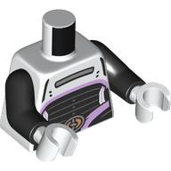 Lego Torso, Black Thin Waist, Lavender Trim, Silver Belt Buckle Print, Black Arms, White Hands / White
