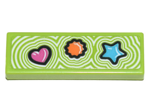 Lego Tile 1 x 3 with Dark Pink Heart, Orange Flower, and Medium Azure Star Clikits Icons Pattern (Sticker) - Set 71741 / Lime