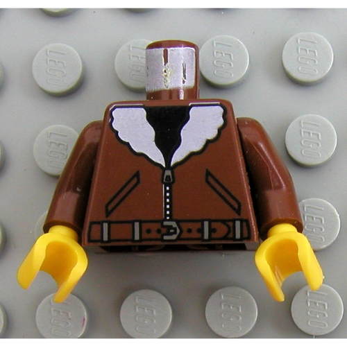 Lego Torso Bomber Jacket with White Collar, Belt, & Black Shirt Print, Brown Arms, Yellow Hands / Brown