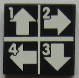 Lego Tile 2 x 2 with White Arrows Up, Right, Left, and Down, Numbers 1, 2, 3, and 4 Pattern (Sticker) - Set 8094 / Black
