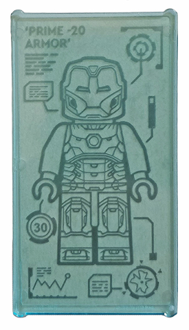 Lego Glass for Window 1 x 4 x 6 with Iron Man Armor 'PRIME -20 ARMOR' Pattern (Sticker) - Set 76167 / Trans-Light Blue