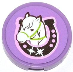 Lego Tile, Round 2 x 2 with Horse Head in Horseshoe Pattern (Sticker) - Set 3185 / Medium Lavender