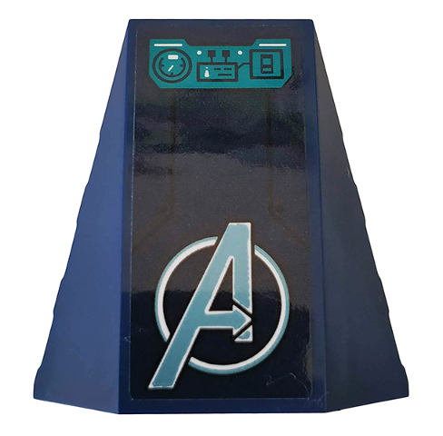Lego Wedge 4 x 4 Triple Curved No Studs with Metallic Light Blue Avengers Logo and Turquoise Control Panel with Speedometer and Switches Pattern (Sticker) - Set 76142 / Dark Blue