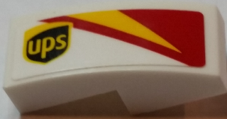 Lego Slope, Curved 2 x 1 x 2/3 with ups Logo and Red and Yellow Pattern Model Right Side (Sticker) - Set 75908 / White