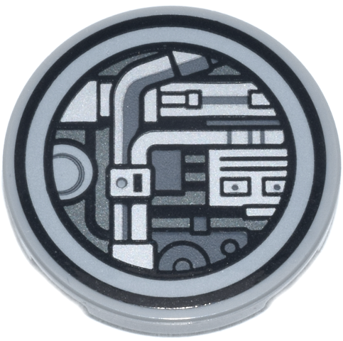 Lego Tile, Round 3 x 3 with SW Millennium Falcon Circuitry, Pipes and Buttons Pattern (Sticker) - Set 75426 / Light Bluish Gray