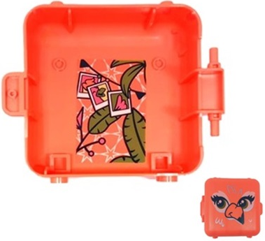 Lego Container, Box 3 x 8 x 6 2/3 Half Front with Flamingo Bird Face and Bunting with Hanging Photos, Flower, Lime Palm Tree Leaves and White Stars Background Pattern (Sticker) - Set 41662 / Coral
