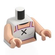 Lego Torso, White Top, Bright Pink Trim, Black X, Light Nougat Chest Print, Light Nougat Arms and Hands / White