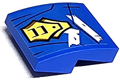 Lego Slope, Curved 2 x 2 x 2/3 with Gold Armor Plates with Black and Dark Orange Lines and White Ninjago Logogram Letter R Pattern (Sticker) - Set 71768