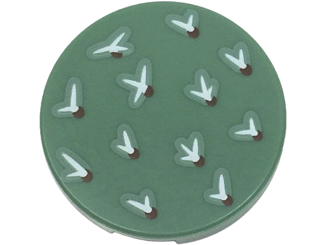 Lego Tile, Round 2 x 2 with Bottom Stud Holder with White and Dark Brown Cactus Needles Pattern / Sand Green