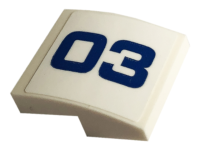 Lego Slope, Curved 2 x 2 x 2/3 with Blue '03' Pattern Model Right Side (Sticker) - Set 60173 / White