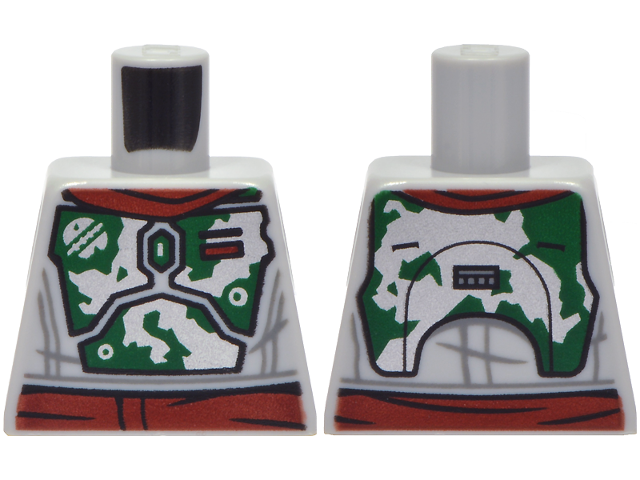 Lego Torso SW Mandalorian Dark Green Armor with Silver Emblem and Battle Damage, Dark Red Rectangle Pattern / Light Bluish Gray