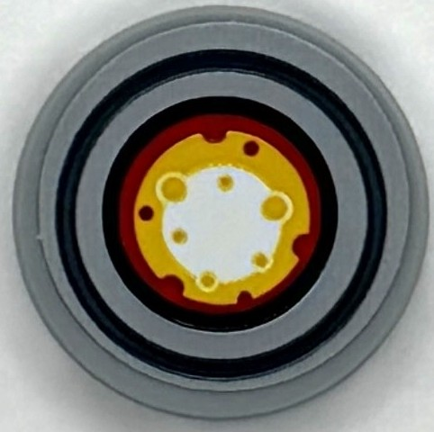 Lego Tile, Round 2 x 2 with Bottom Stud Holder with Red, White and Yellow Light in Black Concentric Circles Pattern (Sticker) - Set 76294 / Light Bluish Gray