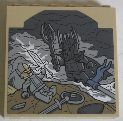 Lego Panel 1 x 6 x 5 with Scene of The Destruction of the Ring with Dark Bluish Gray and Light Bluish Gray Minifigures, Dark Tan Earth and Sand Blue Flag Pattern (Sticker) - Set 10316 / Tan